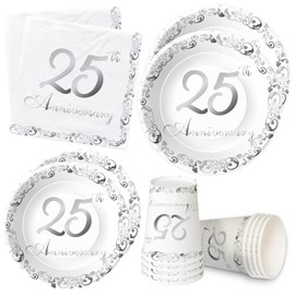 APOWBLS 25th Wedding Anniversary Plates And Napkins Party Supplies Dinnerware - Silver 25th Anniversary Decorations Tableware, Plate, Cup, Napkin | Serves 24