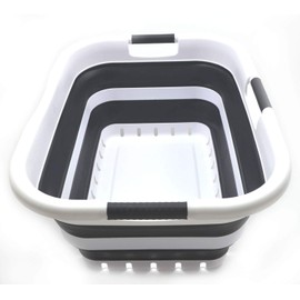 SAMMART 41L (10.8 gallon) Set of 2 Collapsible 3 Handled Plastic Laundry Basket-Foldable Pop Up Storage Container/Organizer-Space Saving Hamper/Basket (2, White/Black)