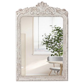 Sintosin Vintage Wood Framed Arendahl Mirror for Wall 24" x 36", Hanging Distressed White Rustic Arched Wall Mirror, Ornate Baroque Bathroom Mirror, Traditional Wall Mirrors Decorative