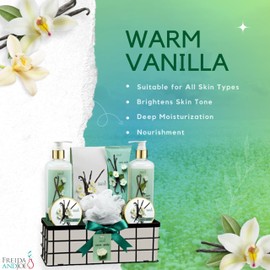 Warm Vanilla Bath and Body Gift Basket for Women & Men 8-Piece Spa Luxurious Bath Set Shea Butter, Vitamin E Fragrant Ultra Soft Lotion Hand Cream Scrubs & More Reusable Basket Perfect Holiday Gift