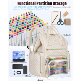 Awlcaw Marker Organizer Case Bag, Large Markers Storage Backpack with USB Port for Artists, Illustrators, Creatives, Pen Travel Holder Case Bag for Art Creativity Craft Supply, Beige