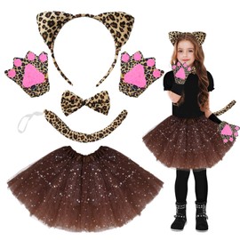 IWTBNOA Cat Costume Girls, 5 Pieces Leopard Costume Children, Cat Cosplay Set, Leopard Cat Ears, Headband, Tail, Bow Tie, Tutu Skirt, Black Cat Costume, Animal Costume Set for Carnival Party