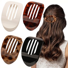 4 PCS Flat Hair Clips for Women - Ergonomic Curved Hair Claw Clips for Lying Driving, Matte Strong Hold Hairs Claw Clips Tortoiseshell Leopard for Thick Thin Curly Hairs Women Girls