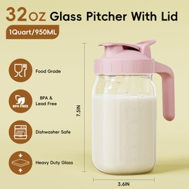 JunVpic Breast Milk Pitcher Jug - 32 oz Glass Mason Jar Airtight Pitcher with Pour Spout Handle for Breastmilk, Iced Tea, Ice Drinks Storage Container（Pink）