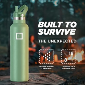 IRON °FLASK Camping & Hiking Hydration Canteens - 3 Lids (Narrow Straw Lid) Leak Proof Vacuum Insulated Stainless Steel - Hot & Cold Double Walled Sports Water Bottle - Sage, 20 Oz