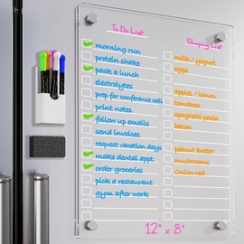 Acrylic Dry Erase Board to Do List Board for Fridge 12"X8" Clear Note Board Magnet Whiteboardwith 5 Markers Note Board Magnet Whiteboard