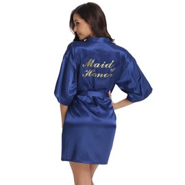 Vlazom - Albornoces cortos de satén para mujer para novia y dama de honor, batas de boda con purpurina dorada o diamantes de imitación, Azul oscuro (Maid of Honor), M