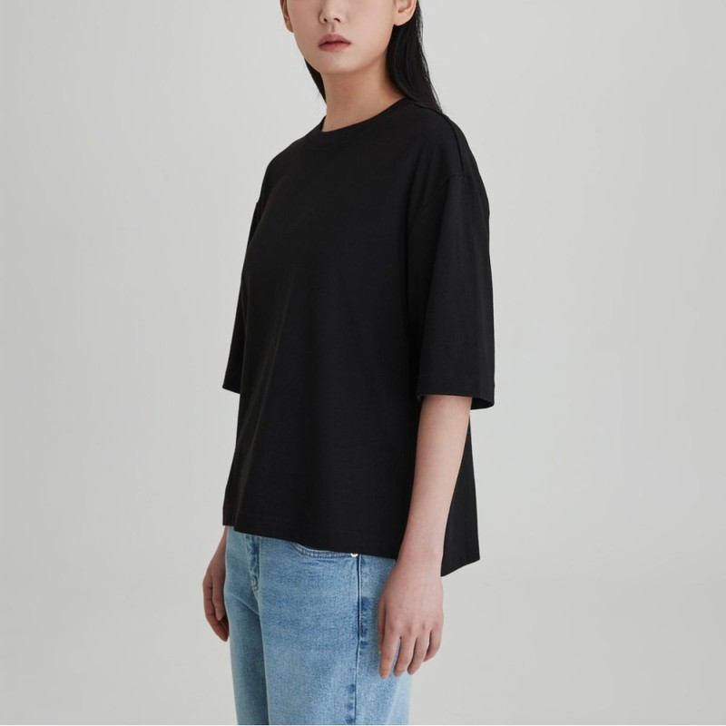 JAJU Women's Cotton Loose Fit 5-Button T-Shirt_Black