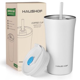 HAUSHOF Vacuum Insulated Tumbler, Coffee Cup with Straw, Screw Type Lid, 16.9 fl oz (500 ml), No Worry About Spilling, Direct Drinking & Drinking Straw, Cold Insulation, Water Bottle, Stainless Steel