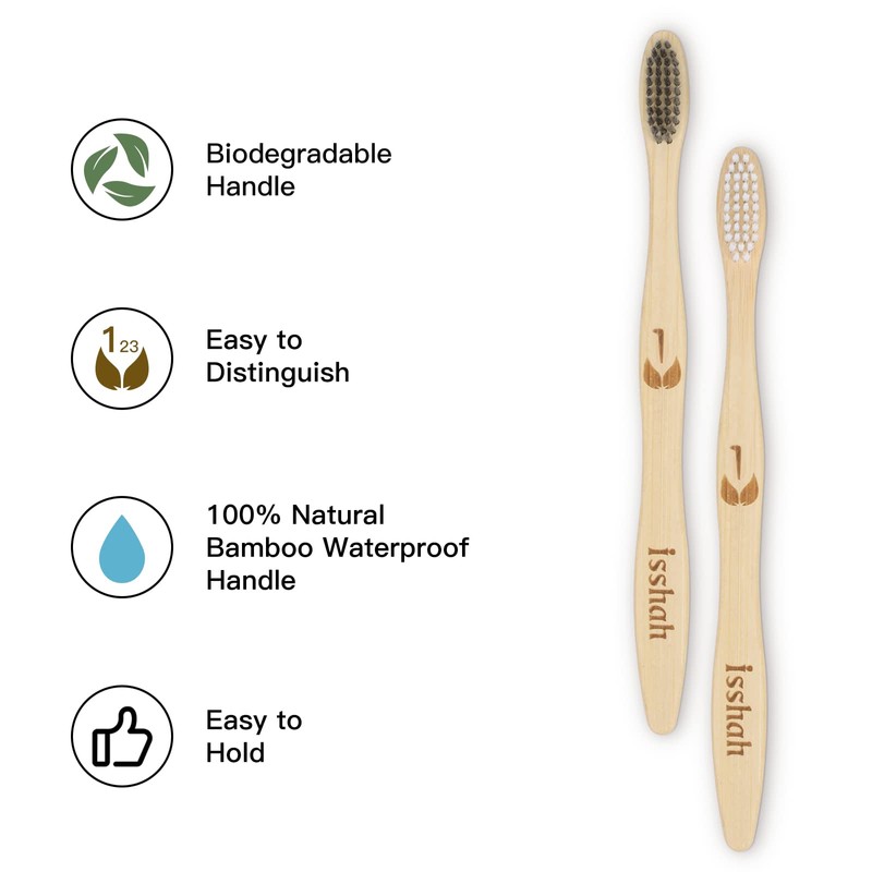 Isshah Biodegradable Eco-Friendly Natural Bamboo Charcoal Toothbrushes, FSC Certified and
