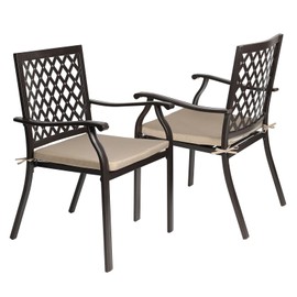 Aoodor Outdoor Stackable Patio Metal Dining Chairs 2-Piece Set with Curved Armrests and Strapped Seat Cushions - Perfect for Patio, Garden, Courtyard Use