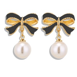 Dreuyet Christmas Bow Earrings for Women Red Ball Bow Earrings Christmas Earrings Xmas Bow Earrings Christmas New Year Red Earrings (Black Bow (Pearl))