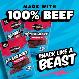 Jack Link’s x MrBeast Original Beef Jerky – 13g Protein per Serving, Made with 100% Real Beef, Pantry-Ready, Kids Snacks, Great Stocking Stuffers and Gifts, 10 Count of 1.25 oz Bags