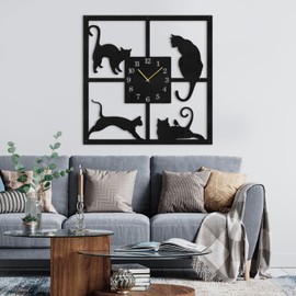 SIGNLEADER Metal Wall Clock Wall Art Decor, Black Cat Wall Sculpture Clock Silent Battery Operated Hangings Home Decoration for Living Room, Bedroom, Kitchen, Bathroom - 30" Black