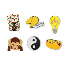Just For Laughs Pincredibles Enamel Pins 6-pack (Fortune Cat, Fortune Cookie, Idea Light Bulb, Yin Yang, Hear No Evil Monkey Emoji, Hot Dog)