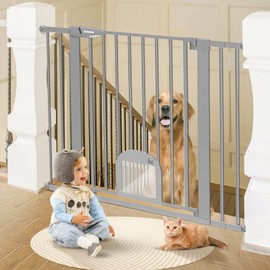 Babelio 36" Tall Upgraded Baby Gate with Cat Door, 29-43" Auto Close Durable Dog Gate for Stairs, Doorways and House, Easy Walk Thru Safety Gate with Pet Door includes 4 Wall Cups, Gray
