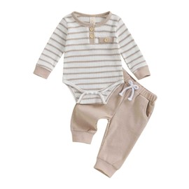 Kuriozud Newborn Baby Boy Clothes Button Long Sleeve Romper Bodysuit Pants Set Infant Soft Waffle Fall Winter Outfit, Striped Beige, 0-3 Months