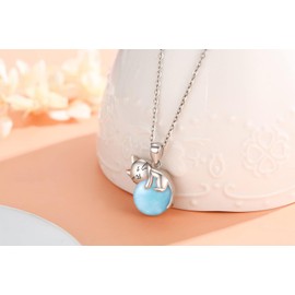 Reaii Natural Larimar Cat Necklace for Women 925 Sterling Silver Cute Kitten Pendant with Genuine Larimar Jewelry Gifts