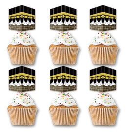 SWYOUN 48PCS Hajj Mubarak Cupcake Topper Umrah Mubarak Party Supplies Ramadan Islamic Muslim Omra Mubarak Party Decorations(Yellow/Black)