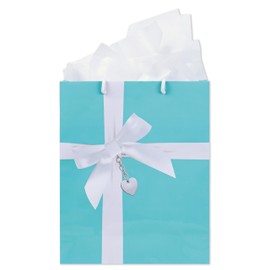 Turquoise Gift Bag with Tissue Paper - Luxury Satin Bow and Heart Locket Graphics - Rope Handles & Gift Tag included - (10in X 12in X 4.25in) - Medium size works with many gifts - Heavyweight Paper - by Havercamp