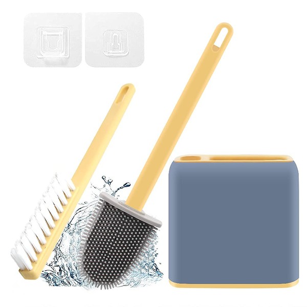 Gerylove - Escobilla de inodoro de silicona, cepillo para inodoro y soporte con cepillo pequeño para limpieza profunda, cepillo limpiador de inodoro independiente/soporte de pared (azul)