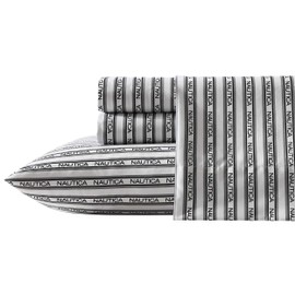 Nautica - Full Sheet Set, Breathable & Cooling Microfiber Bedding with Matching Sham(s), Casual Home Decor (Striped Nautica Logo Grey, Full)
