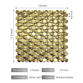 Goodotz Gold Penny Round Tile Concave Convex 3D Mosaic Tiles for Kitchen Backsplash, Bathroom Wall, Accent Wall (Case of 5)
