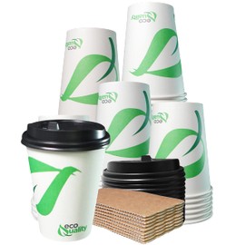 12 oz Compostable Paper Cups with Black Dome Lids and Sleeves - Biodegradable Disposable White Paper Coffee Cups PLA Lined - Eco-friendly Hot and Cold Drinking Cups (100)