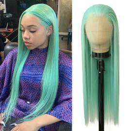Angle Lucky Mint Green Synthetic Wig for Women Long Silky Straight Mint Green Lace Frontal Wig Natural Hairline Glueless Wig Heat Resistant Fiber Premium Soft Wig 24inch