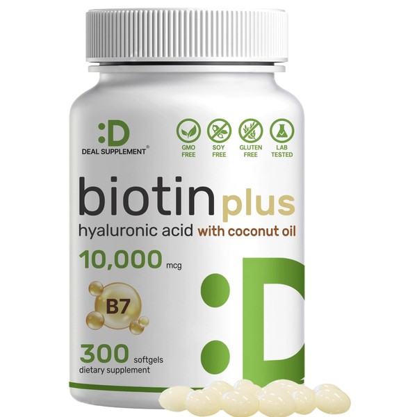 Biotin 10000mcg Plus Hyaluronic Acid 25mg with Coconut Oil, 300 Softgels, Bioavailable Biotin (Vitamin B7) Supplement, Promote Healthy Hair, Skin & Nails for Women and Men, Gluten Free, Non-GMO