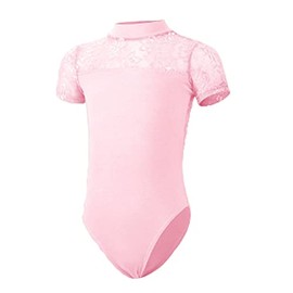 TAIKMD Kids Girl's High Neck Floral Lace Cutout Back Leotard For Ballet Dance Gymnastics-Pink(11-12)