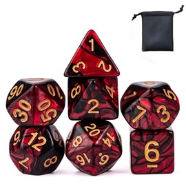 KSNDie 7-Die Polyhedral DND Dice Set Red Mix Black D&D Dice with Leather Pouch for Role Playing Games