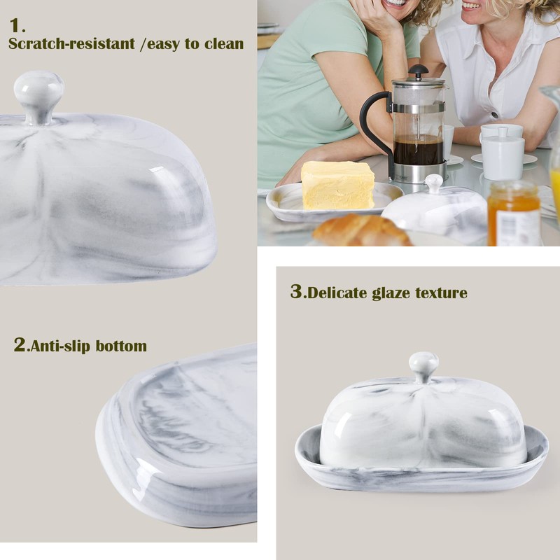 Yundu Grey Marble Butter Dish with Lid, Ceramics Butter Keeper