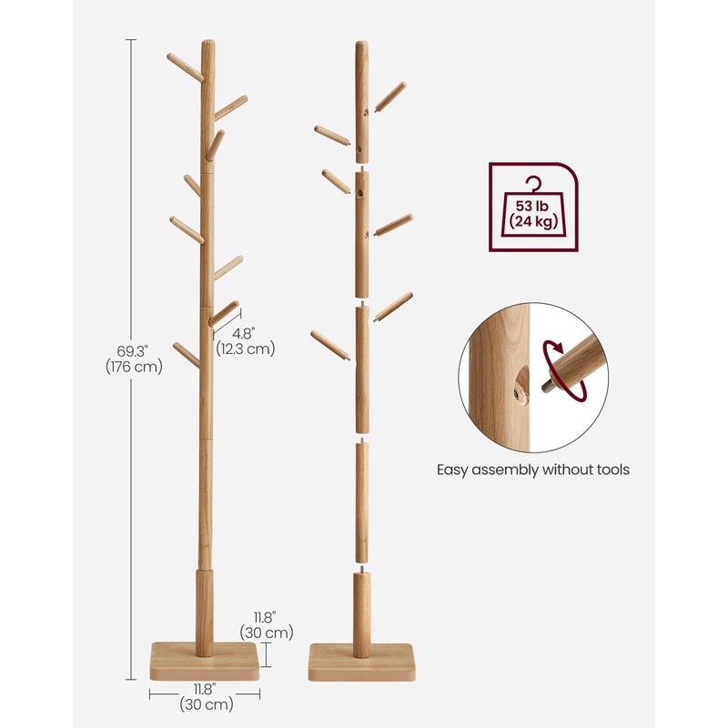 VASAGLE Solid Wood Coat Rack, Free Standing Hall Coat Tree