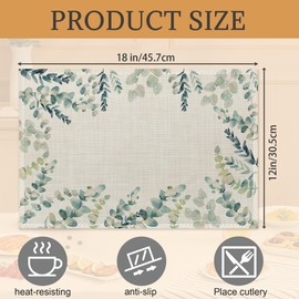 Sage Green Eucalyptus Placemats Set of 6,Washable Heat Resistant 12×18 Inch Linen Table Mats Spring Leaves Place Mats for Party Outdoor Dining Décor