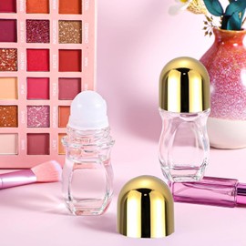 LQMBABY 50ML Round Glass Empty Roller Bottles for Essential Oils, Deodorant Roll On Bottle Containers Empty, Refillable Roller Ball Applicator for Perfume, Cosmetic (Flat Bottle+Gold Flat Cap)
