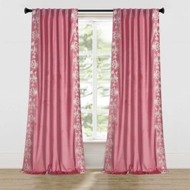 Roslynwood Luxury Velvet Curtains Back Tab 84 Inches Long, White Flower Embroidered Candy Pink Curtains Farmhouse Country Panels, Window Drapes for Living Bedroom, 52W x 84L Inch, 2 Panels