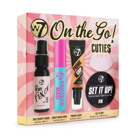 W7 On the Go Cuties Gift Set - Mini Makeup Essentials with Primer, Mascara, Setting Spray, Loose Powder & Powder Puff - Travel Size Beauty Favourites - Stocking Stuffer