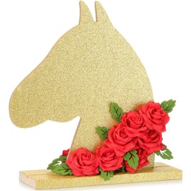 Qunclay 1 Pcs Derby Day Table Decoration Wooden Horse Tabletop Centerpiece with Red Roses Horse Racing Party Decoration for Derby Day Supplies (Gold)