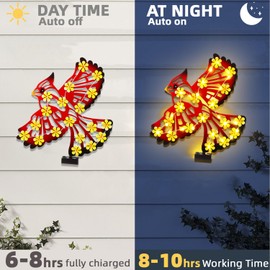 Metal Cardinal Outdoor Wall Decor with 30 Led Solar Lights- 15.9" Outdoor Fence Wall Art Decor, Gift for Mom Grandma Women Birthday Gardening,Hanging Decoration for Garden Patio Porch Yard