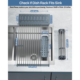 LIONONLY Expandable Roll Up Dish Drying Rack, 304 Stainless Steel Over The Sink Drainer Rack, Foldable Rollable Kitchen Sink Rack with Removable Utensil and Dish Holder 12.59”-12.59” to 23.22”