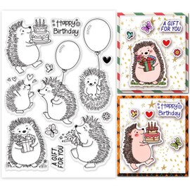 GLOBLELAND 8.3x5.5in Hedgehogs Clear Stamps Silicone Stamps Happy Birthday Rubber Stamps Silicone Transparent Seal Stamps for Card Making Scrapbooking Photo Album Decor