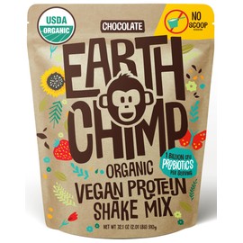 EarthChimp Organic Vegan Protein Powder - with Probiotics - Non GMO, Dairy Free, Non Whey, Plant Based Protein Powder for Women and Men, Gluten Free - 26 Servings 32 Oz (Chocolate) No Scoop