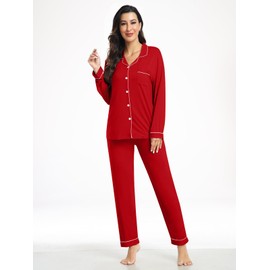 YOPUGEE Womens Long Sleeve Cotton Button Down Pajamas Modal Lounge Sets 2 Piece Plus Size Pj Sleepwear Red 3XL