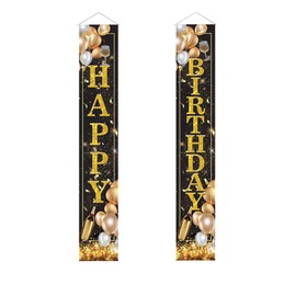 Happy Birthday Welcome Porch Sign, Fabric Theme Party Banner Decorations, Hanging Birthday Party Backdrop Supplies, for Indoor Outdoor Yard Wall Doorway (2PCS)