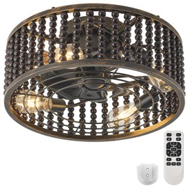 Liokoc Ceiling Fans with Lights and Remote, Caged Ceiling Fan with Handcrafted Beaded Décor 6 Speeds Reversible 19 inches Bulbs Included for Flush Mount Ceiling, Gloss Black