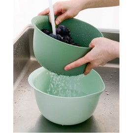 Blue Ginkgo Rice Washing Bowl and Colander Kitchen Set - Strain Rice, Quinoa and Small Grains - Soak, Wash and Drain Produce (4 Quart) - Olive and Sage