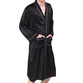 COLD POSH Men's Real Silk Robe Luxury Lightweight Bathrobe for Men Long Sleeve Mulberry Silk Sleepwear,Black,L