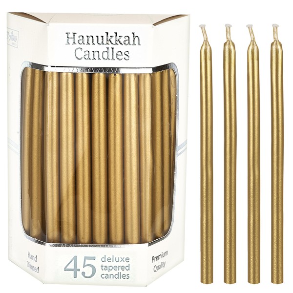 Dripless Hanukkah Candles 5.75" Tall Metallic Gold Candle Set of 45 Enough for 8 Nights Fits Standard Menorah Decorative Candles for Parties, Birthday, Weddings, Holiday Decorations by Aviv Judaica