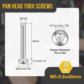 DTGN M5x40mm Pan Head Torx Security Screw - 30Pack - Good for Machinery - 304 Stainless Steel Tamper Proof Torx Security Fasteners - Silver Tone